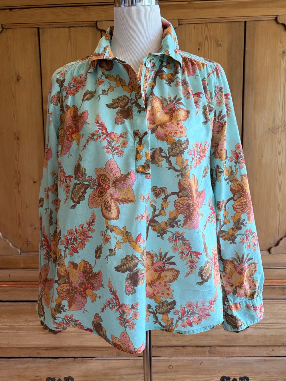 Sundance Floral Button Front Blouse in light green, Pink, Gold
